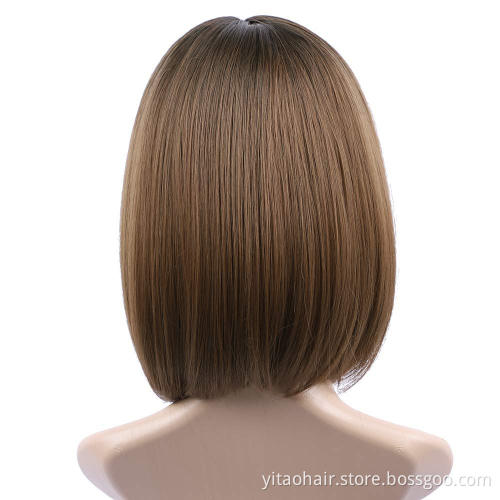 Anogol Cheap colorful  Synthetic hair Bob Wigs With Bangs  copper Brown   silk straight synthetic hair  wigs